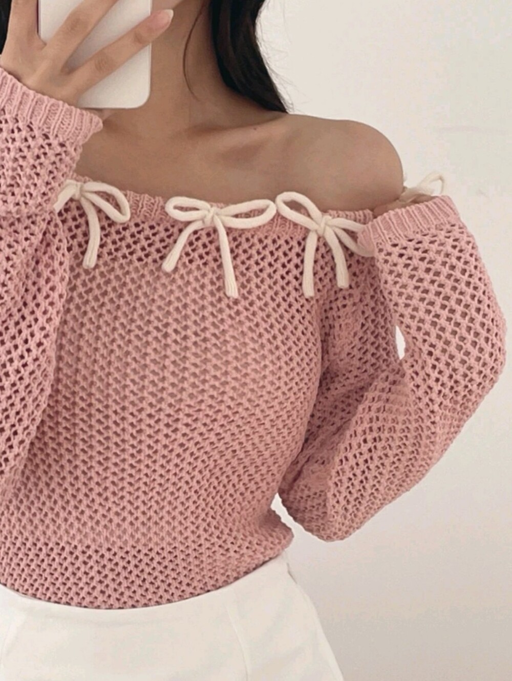 Women's Bow Contrast Color Fitted Square Neck Long Sleeve Hollow - Picture 7 of 8